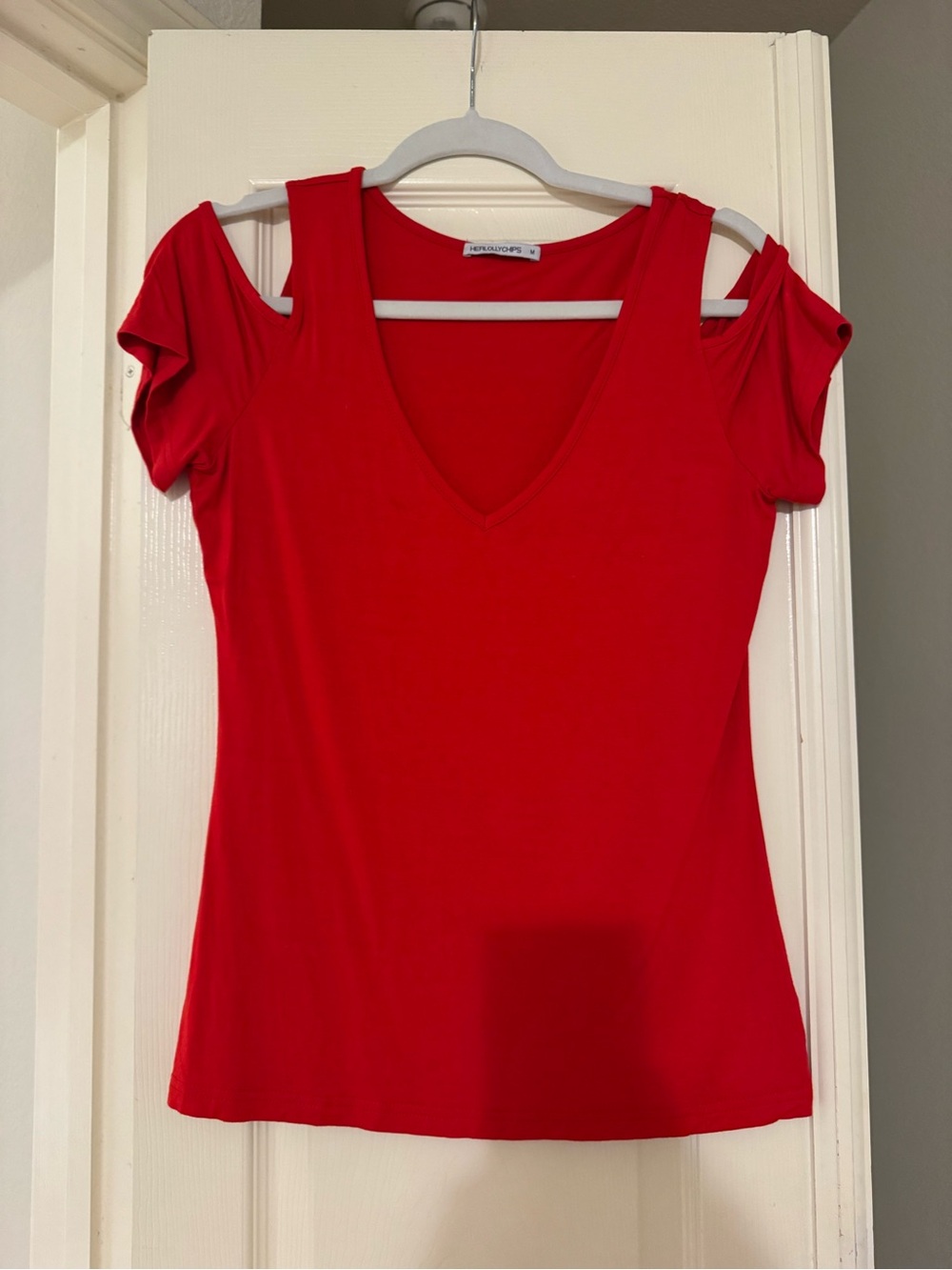 Red Cold-Shoulder V-Neck Tee by UNKNOWN BRAND